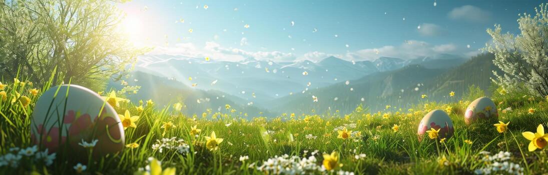 AI generated easter eggs and daffodils on a green field with a blue sky photo