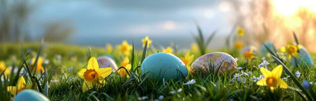 AI generated easter eggs on the grass with yellow daffodils photo