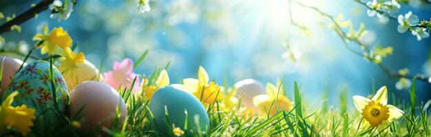 AI generated easter eggs and daffodils on a green field with a blue sky photo
