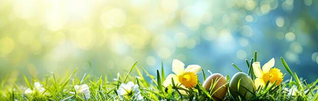 AI generated easter daffodils with bright yellow eggs arranged on grass with sky on the background photo