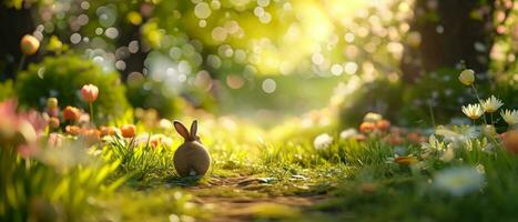 AI generated easter daffodils with bright yellow eggs arranged on grass with sky on the background photo