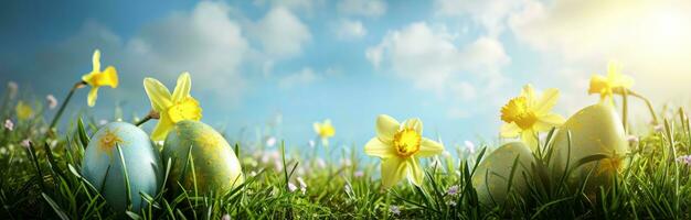 ai generado Pascua de Resurrección huevos y narcisos en un verde campo con un azul cielo foto