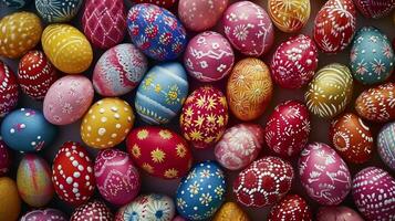 AI generated An array of beautifully decorated eggs, forming a vibrant and eye-catching backdrop photo