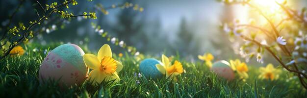 AI generated easter eggs on the grass with yellow daffodils photo