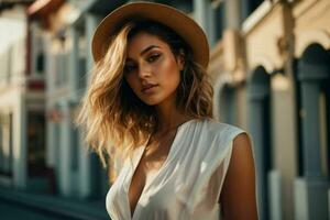 AI generated Stunning beautiful young woman with high contrast shadow and fashionable style photo