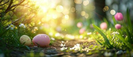 AI generated easter daffodils with bright yellow eggs arranged on grass with sky on the background photo