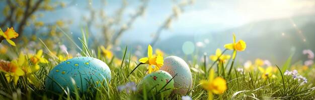 AI generated easter eggs on the grass with yellow daffodils photo