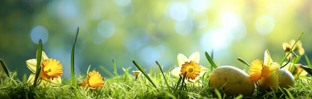 AI generated easter daffodils with bright yellow eggs arranged on grass with sky on the background photo