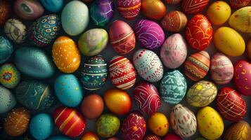 AI generated An array of beautifully decorated eggs, forming a vibrant and eye-catching backdrop for festive advertising photo