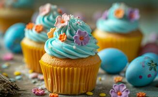 AI generated easter cupcakes filled with blue and orange eggs and flowers photo