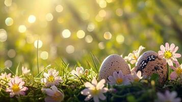 AI generated easter advertisment natural background with eggs, flowers, bokeh lights and copy space photo