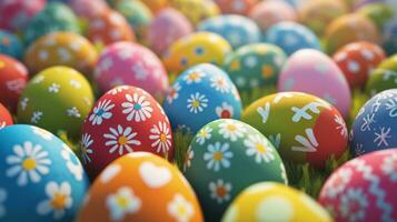 AI generated An array of beautifully decorated eggs, forming a vibrant and eye-catching backdrop for festive advertising photo