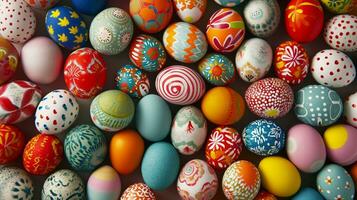 AI generated An array of beautifully decorated eggs, forming a vibrant and eye-catching backdrop photo