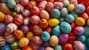 AI generated An array of beautifully decorated eggs, forming a vibrant and eye-catching backdrop photo
