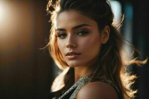 AI generated Stunning beautiful young woman with high contrast shadow and fashionable style photo