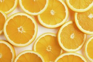 AI generated Flying ripe slice oranges on white background. Food levitation photo