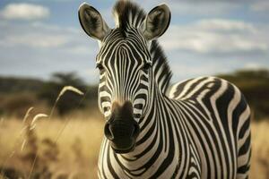 AI generated Portrait of a young zebra standing against a green bush photo