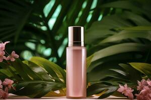 AI generated Pink bottle with beauty products among green leaves. Natural organic skin care. photo