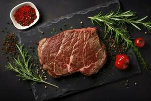 AI generated Raw organic marbled beef steaks with spices on a wooden cutting board on a black background. photo