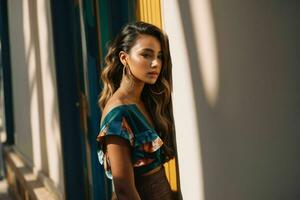 AI generated Stunning beautiful young woman with high contrast shadow and fashionable style photo