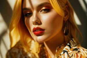 AI generated Stunning beautiful young woman with high contrast shadow and fashionable style photo