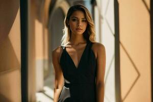 AI generated Stunning beautiful young woman with high contrast shadow and fashionable style photo