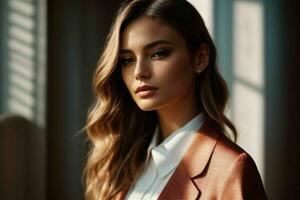 AI generated Stunning beautiful young woman with high contrast shadow and fashionable style photo