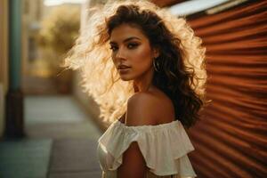 ai generado maravilloso hermosa joven mujer con alto contraste sombra y de moda estilo foto