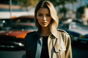 AI generated Stunning beautiful young woman with high contrast shadow and fashionable style photo
