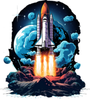 AI generated T-shirt design, rocket illustration in blue and white, in fluid style washes of color, intricate and whimsical. transparent background. png