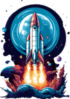 AI generated T-shirt design, rocket illustration in blue and white, in fluid style washes of color, intricate and whimsical. transparent background. png