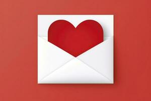 AI generated paper envelope with blank white note mockup inside and Valentines hearts on red background. Flat lay, top view. photo