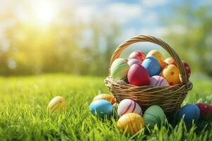 AI generated Basket with Easter eggs on the grass. Happy Easter background. photo