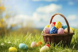 AI generated Basket with Easter eggs on the grass. Happy Easter background. photo