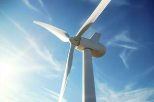 ai generado cerca arriba ver de viento granja o viento parque, con alto viento turbinas para Generacion electricidad con Copiar espacio. foto