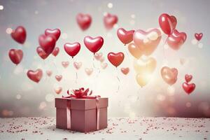 AI generated Valentine's day red gift box with red ribbon and helium balloons in heart shape. photo