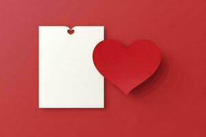 AI generated paper blank white note mockup inside and Valentines hearts on red background. Flat lay, top view. photo