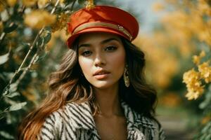 ai generado maravilloso hermosa joven mujer con alto contraste sombra y de moda estilo foto