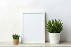 AI generated White frames on a shelf with a plant. Scandi style. photo
