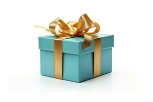 AI generated blue gift box wrapped with gold bow and ribbon isolated on background. photo