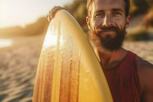 AI generated Portrait of beautiful bearded man holding sup board at sunset. Stand up paddle boarding outdoor active recreation photo