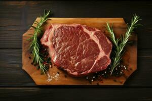 AI generated Raw organic marbled beef steaks with spices on a wooden cutting board on a black background. photo