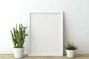 AI generated White frames on a shelf with a plant. Scandi style. photo