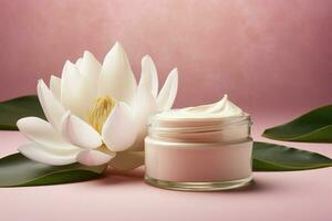 AI generated Pink cream bottle with beauty products lotus flower and leaves on pink background. Natural organic skin care. photo