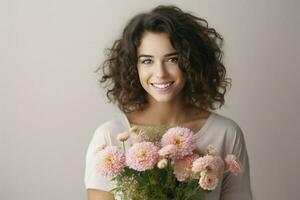 AI generated Portrait of attractive cheerful girl woman holding flowers copy space deciding on grey pastel color background. photo