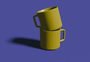 3d hacer de taza, realista 3d amarillo jarra en púrpura antecedentes foto