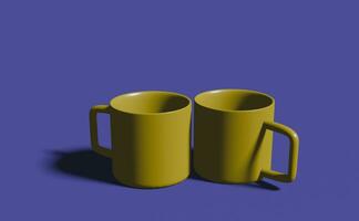 3d hacer de taza, realista 3d amarillo jarra en púrpura antecedentes foto