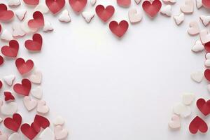 AI generated Red hearts background, paper cut romantic concept, top view. Beautiful cute hearts on white table photo