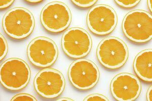 AI generated Flying ripe slice oranges on white background. Food levitation photo