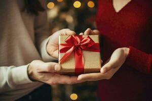 AI generated Male hands giving gift to woman, closeup photo